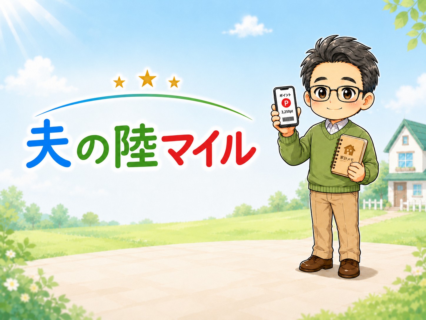 そらりく夫婦ブログ「夫の陸マイル」カテゴリーアイキャッチ。日常生活でJALサービスを活用してLSPを積む夫の陸ルート作戦をイラストで表現