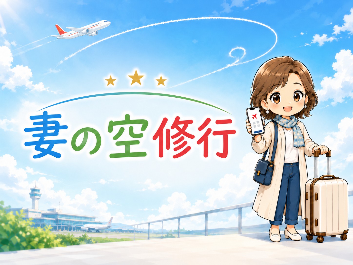 そらりく夫婦ブログ「妻の空修行」カテゴリーアイキャッチ。スーツケースとスマートフォンを持つ妻キャラクター、空港・飛行機を背景にJGC Three Starの三ツ星をデザイン